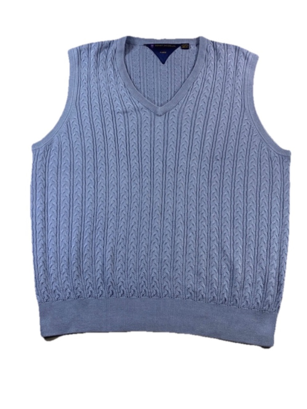Henry Jacobson Men’s Blue Cable Knit Sweater Vest Silk Cotton Blend V-Neck XL